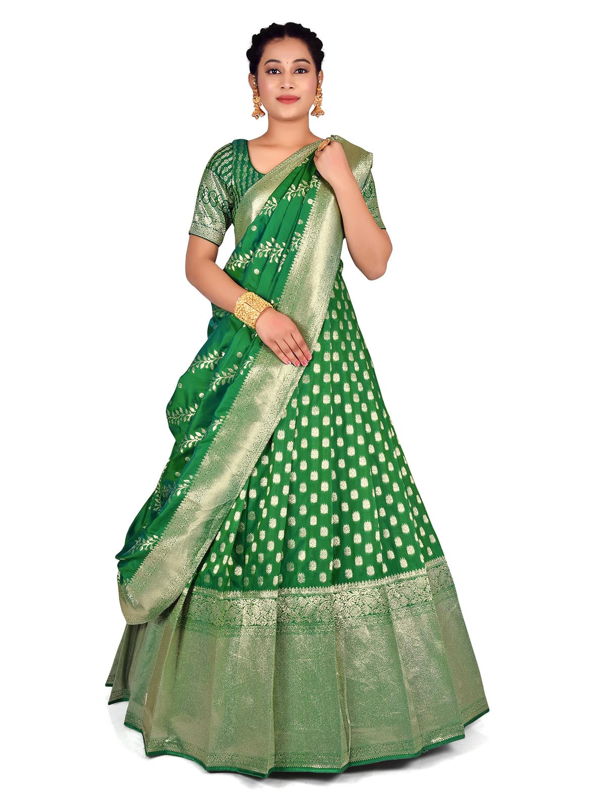 Green Half Saree Lehenga Choli With Embroidery Blouse and Dupatta in USA,  UK, Malaysia, South Africa, Dubai, Singapore