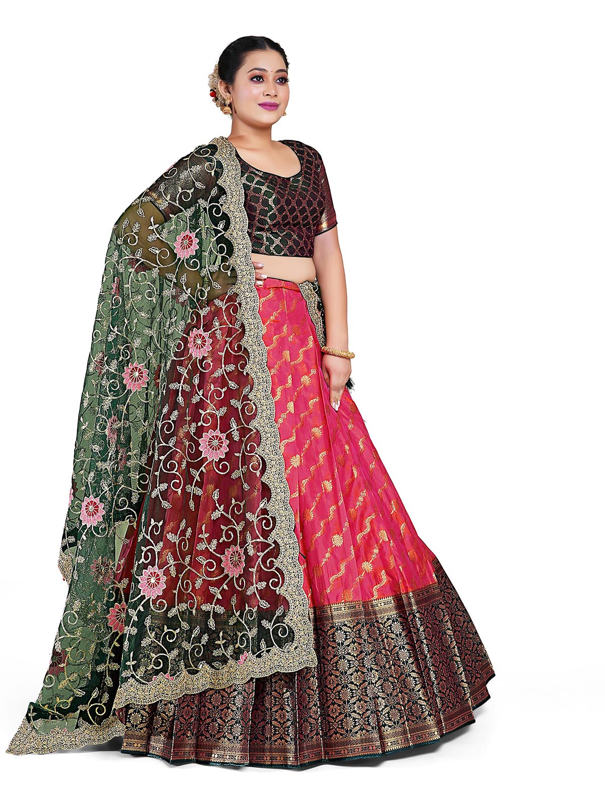 Green & Red Semi-Stitched Half Saree & Unstitched Blouse With Dupatta -  ShopGarb - 4069907