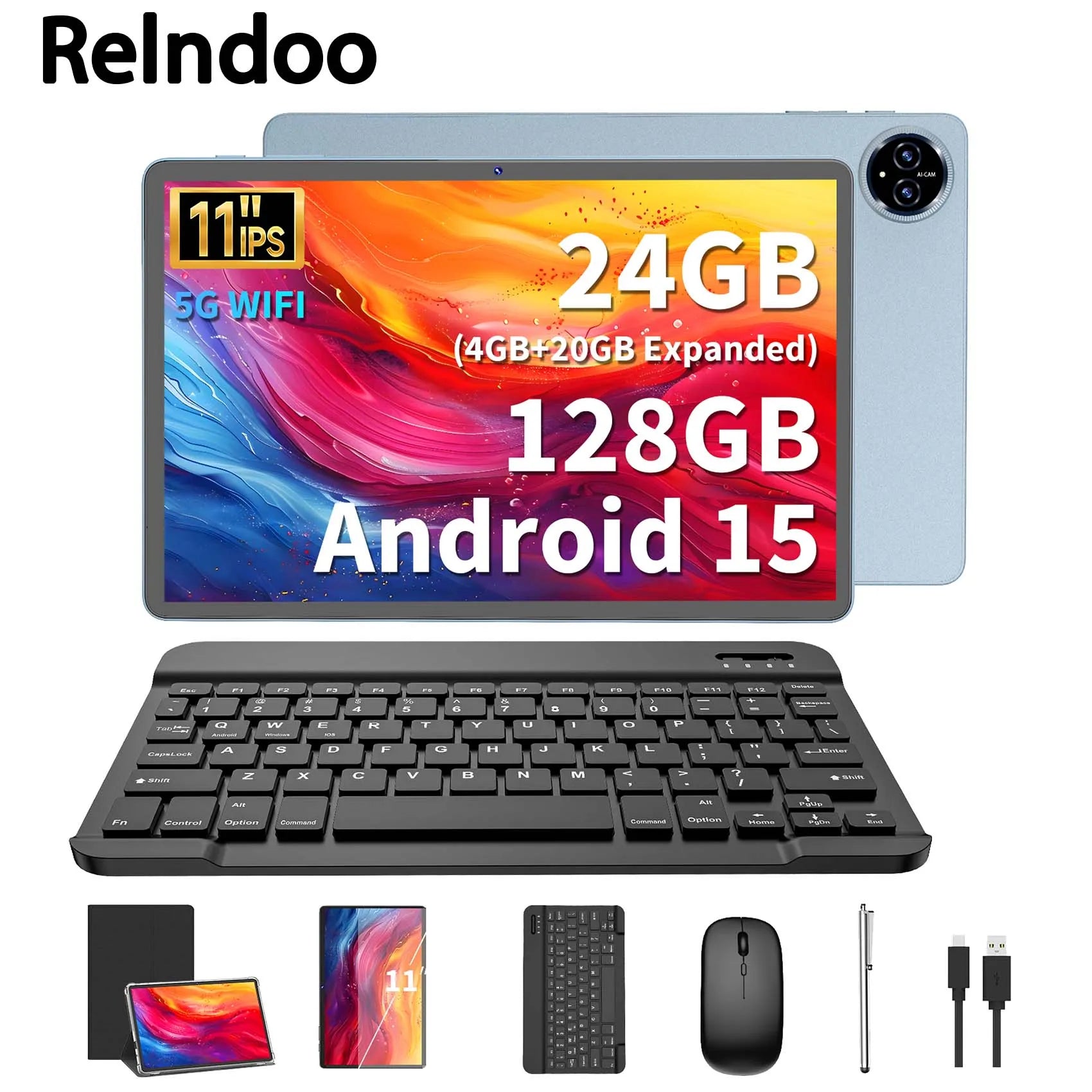 Relndoo New 11 Inch Tablet Android 15, T615 Processor, 24GB(4+20 Expanded) RAM+128GB ROM, WIFI, 5MP+13MP, GPS, BT 5.0, Type C
