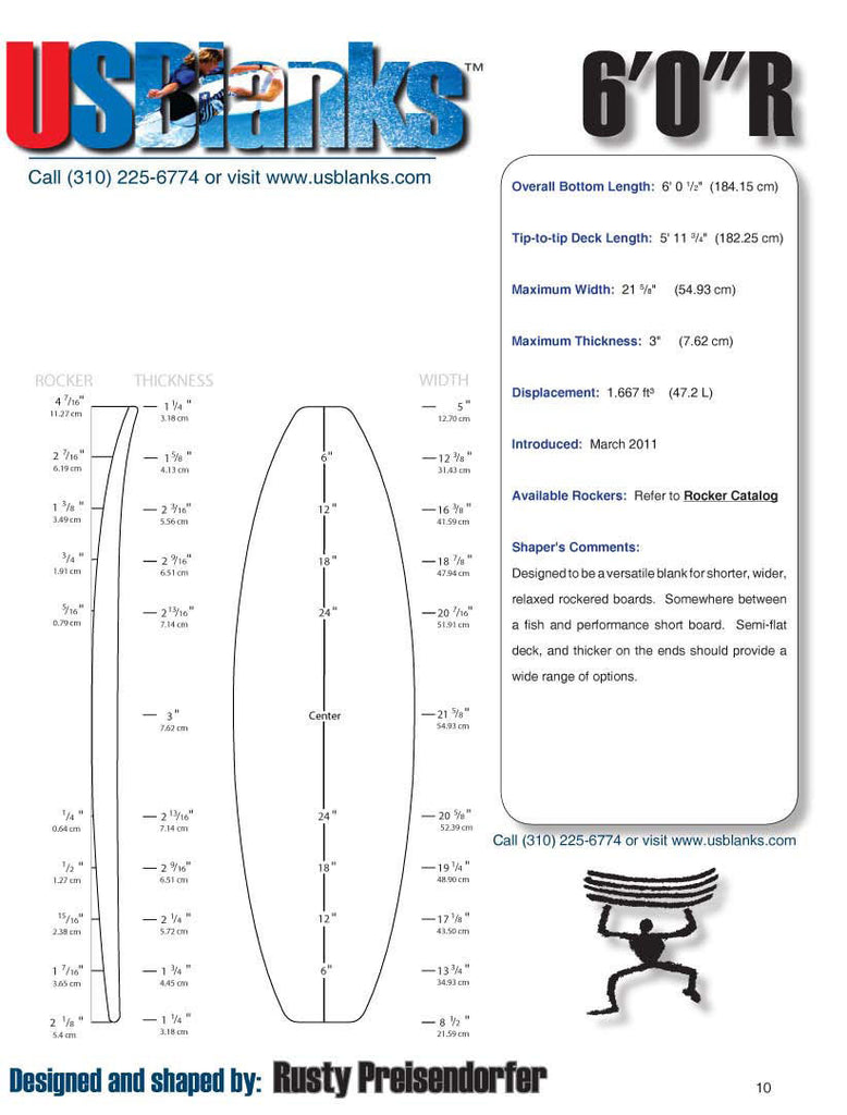 US Blanks 60R Surfboard Foam Blank - Rusty designed shortboard blank