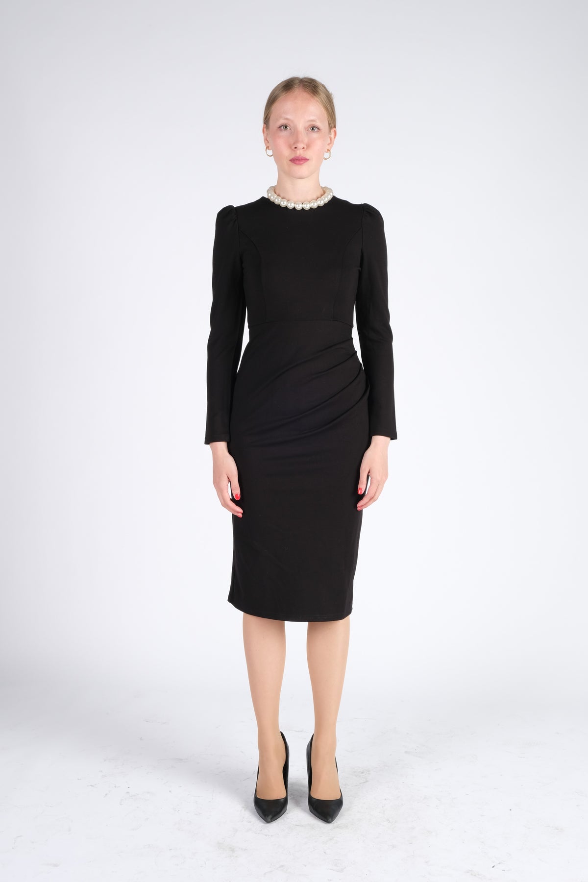 Black Midi Dress with Pearls