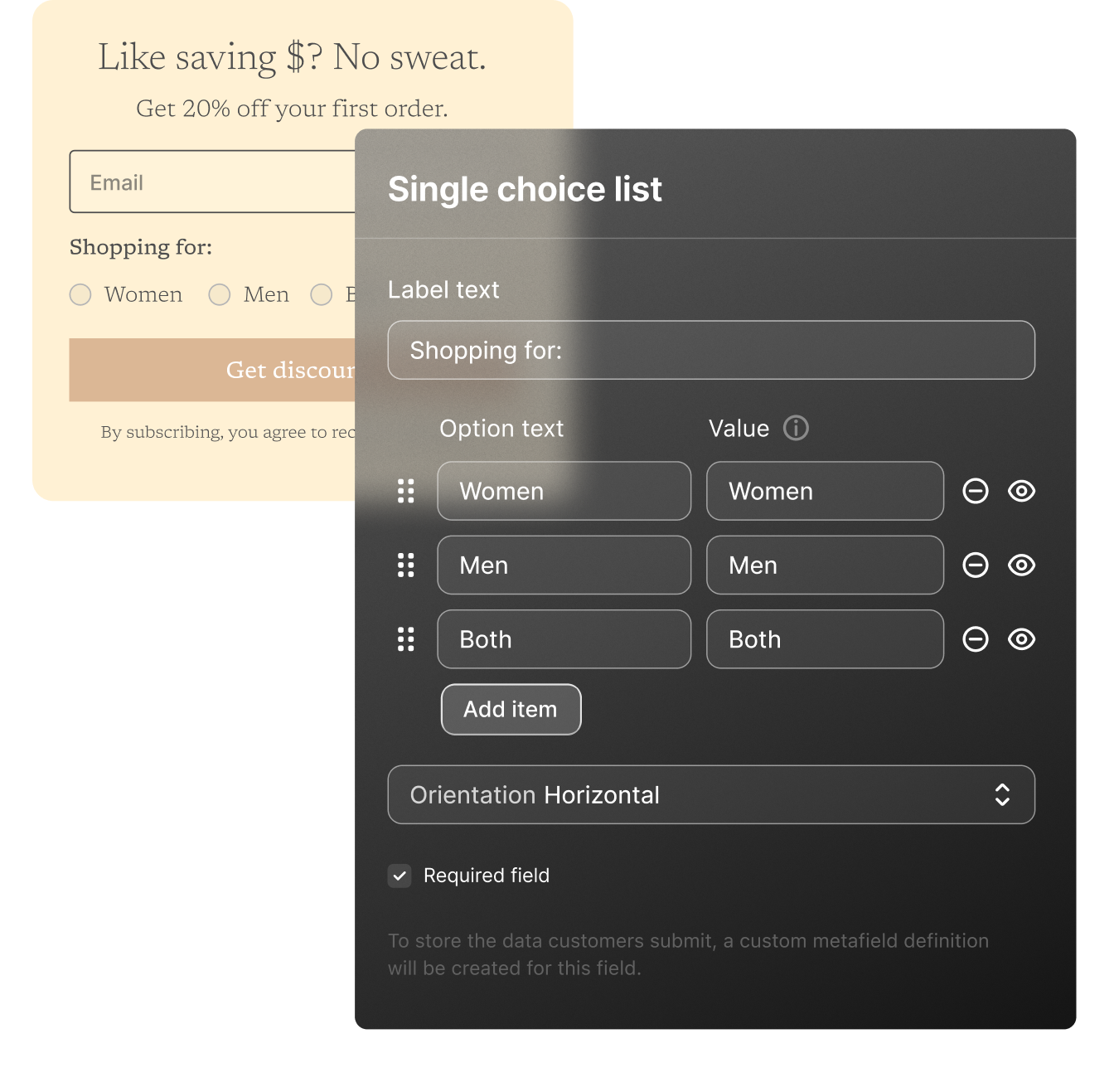 A merchant includes a single-choice list in their popover. The popover poses the question 'Shopping for:' and offers three options: women, men, or both.