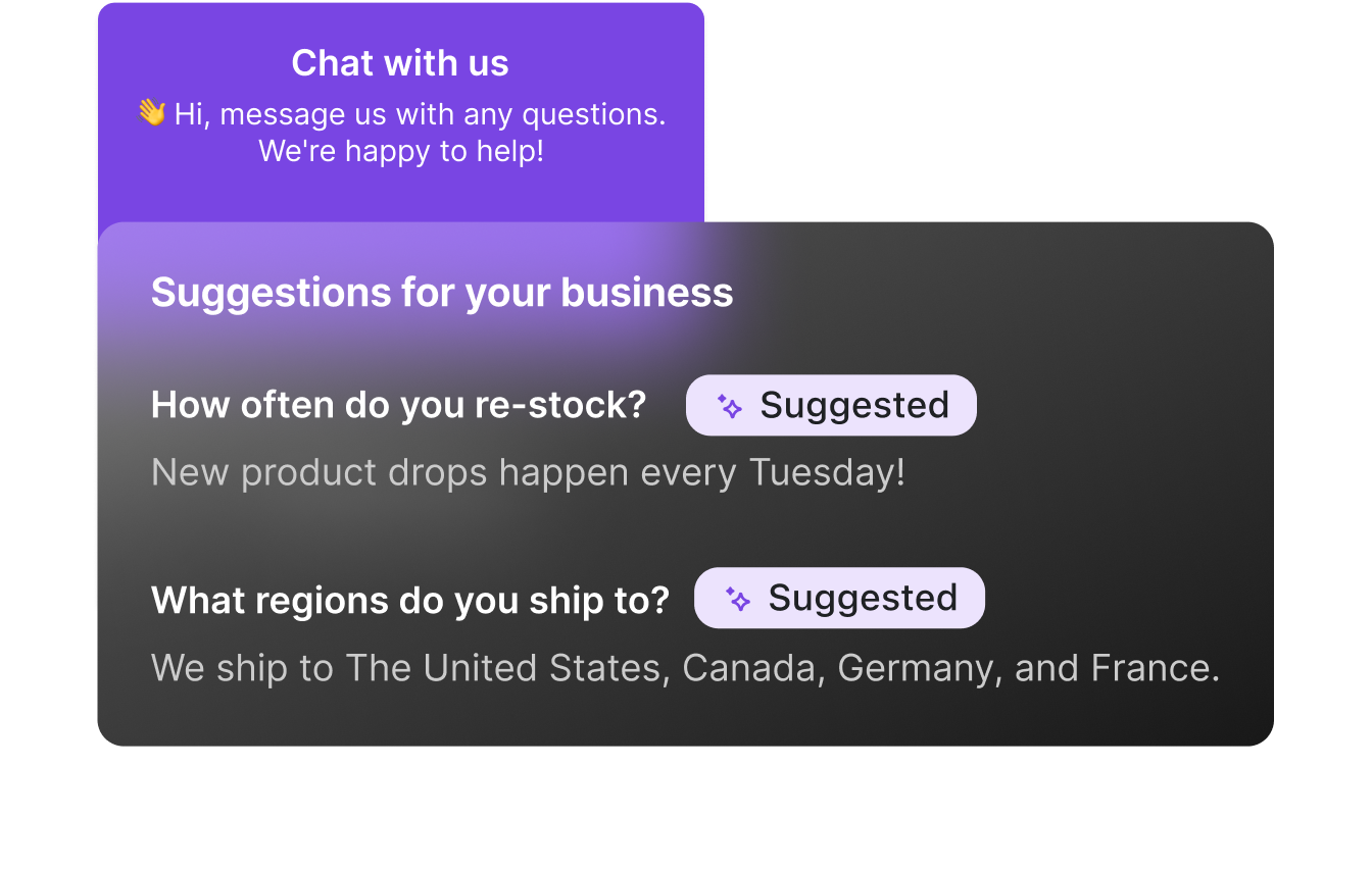 Shopify Magic suggests including two FAQs for this business: "How often do you restock?" and "What regions do you ship to?"