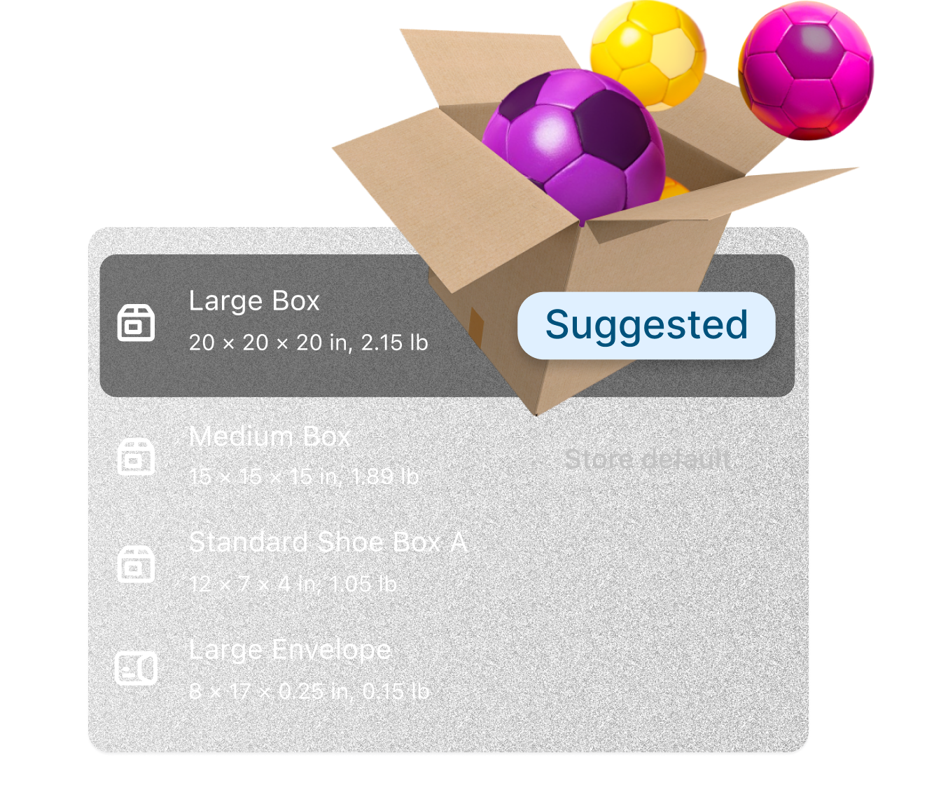 Four package sizes are listed. Shopify Shipping suggests using a large box to fulfill an order of soccer balls, instead of the store's default medium box.