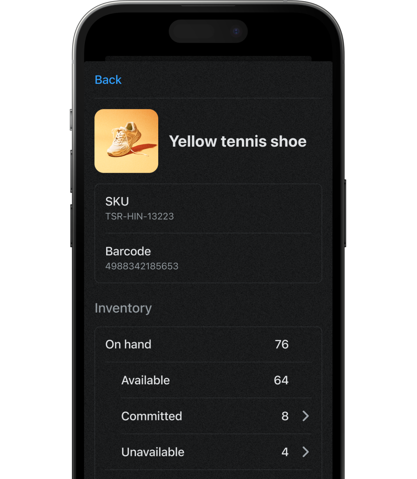 The SKU, Barcode, and inventory details are available for a yellow tennis shoe. The 'on hand' inventory is divided into three sub-categories: available, committed, and unavailable.