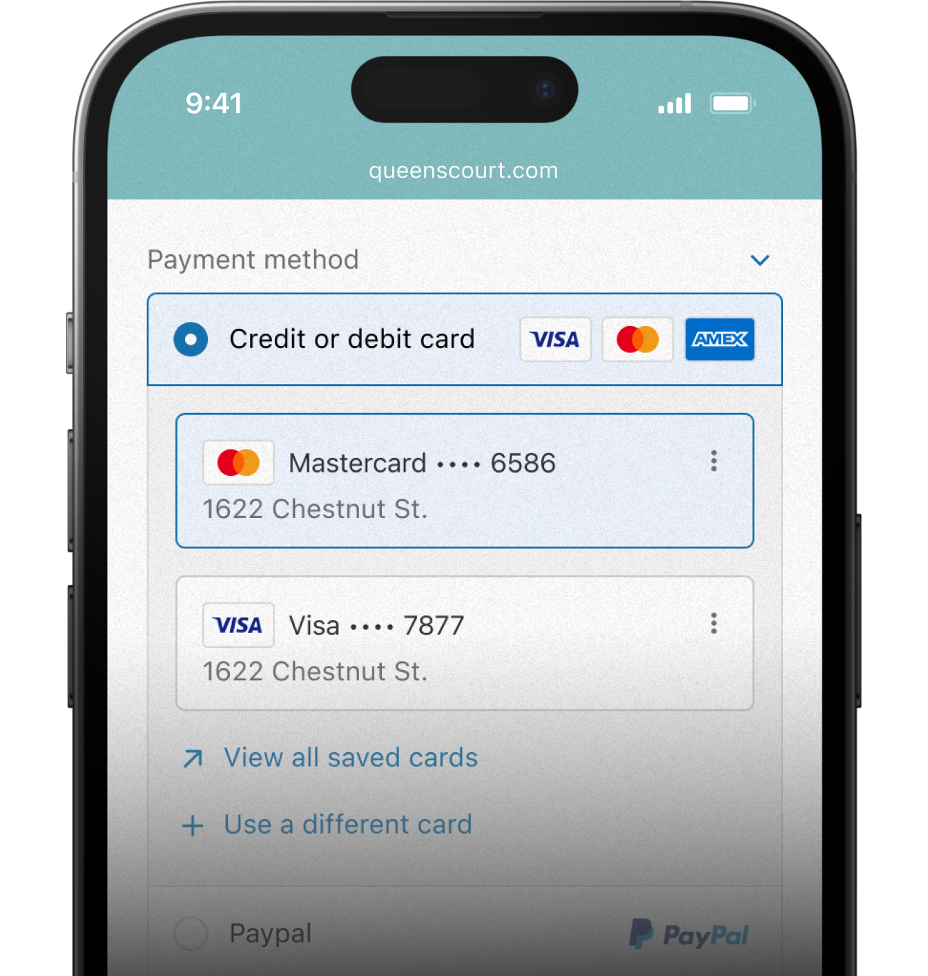 A customer selects the credit or debit card payment method for a store. Two cards are available to choose from.