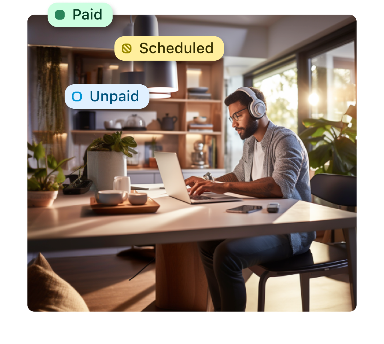 Man reviews bills categorized as paid, scheduled, or unpaid