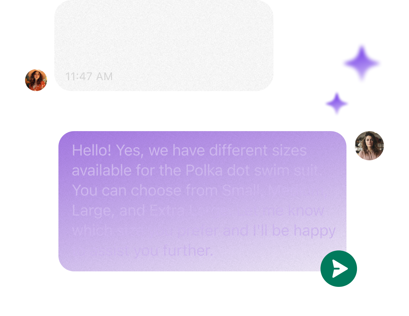 A customer questions the sizes of their swimsuits, and the merchant provides an AI-generated response detailing their current size availability.