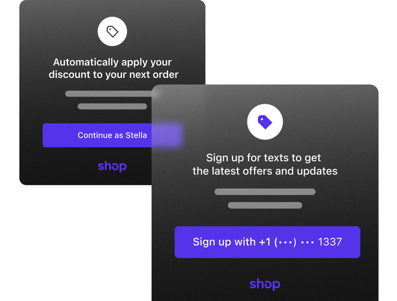 Using Shop, a returning customer can select 'continue as...', while a new customer has the option to sign up using their phone number.