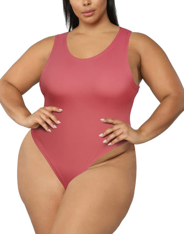 Crew Neck Sleeveless Slick Plus Size Bodysuit for Women - Beige