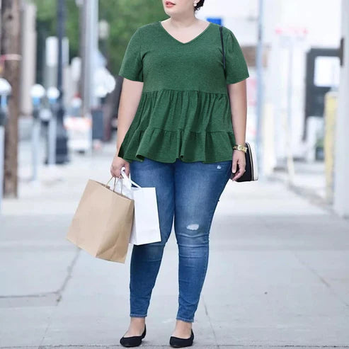 Plus Size Tops V-Neck Shirts Summer Tunic Solid XL-5X-Green