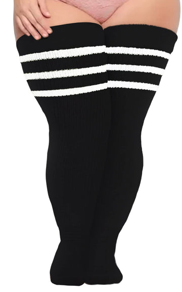 Plus Size Thigh High Socks Striped- Beige & White丨Moon Wood