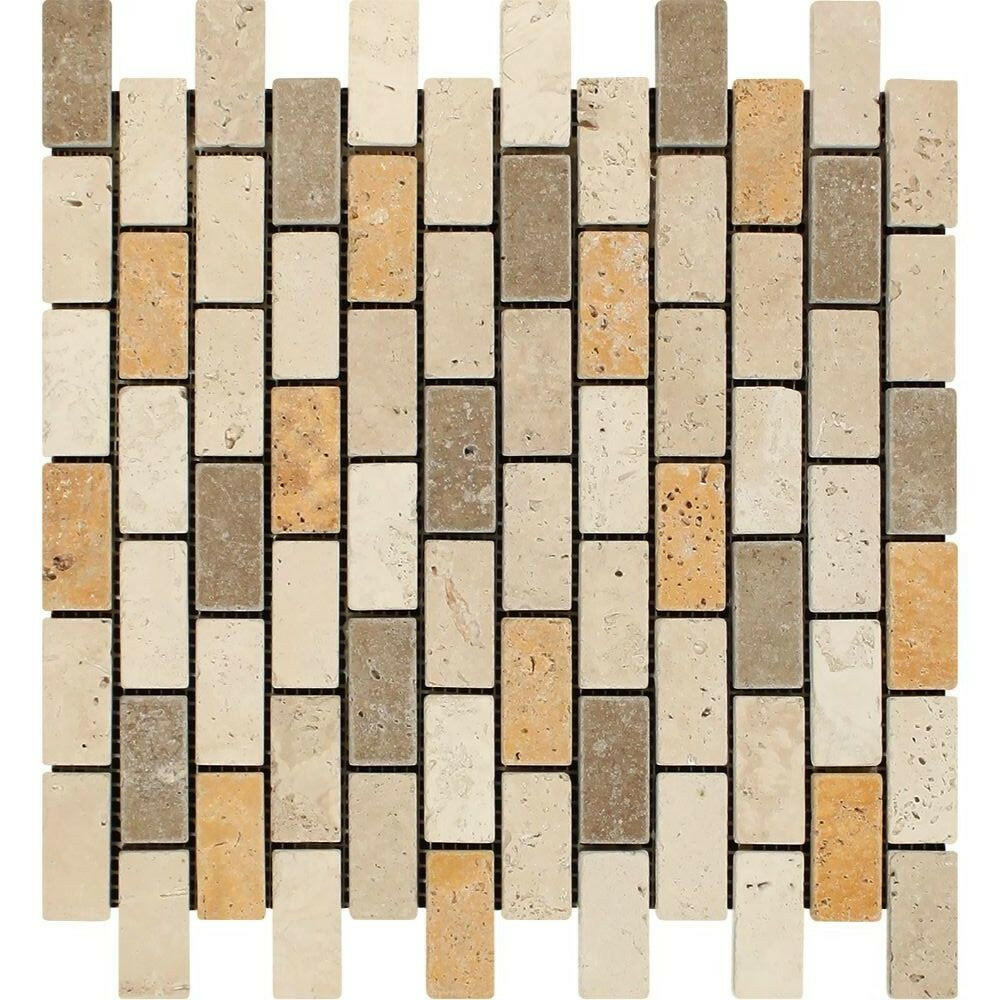 1x2 Mixed Travertine Tumbled Brick Mosaic Tile