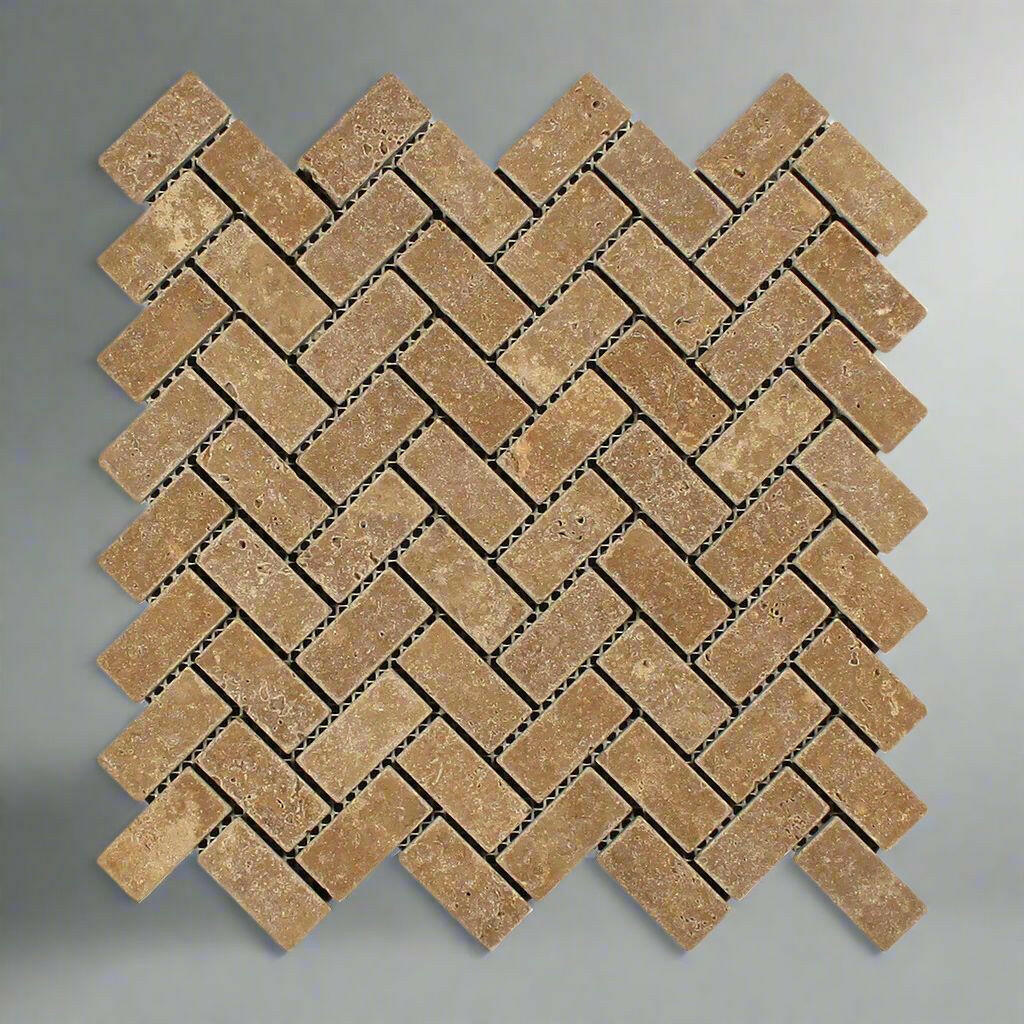 Noce Travertine Tumbled 1x2 Herringbone Mosaic Tile