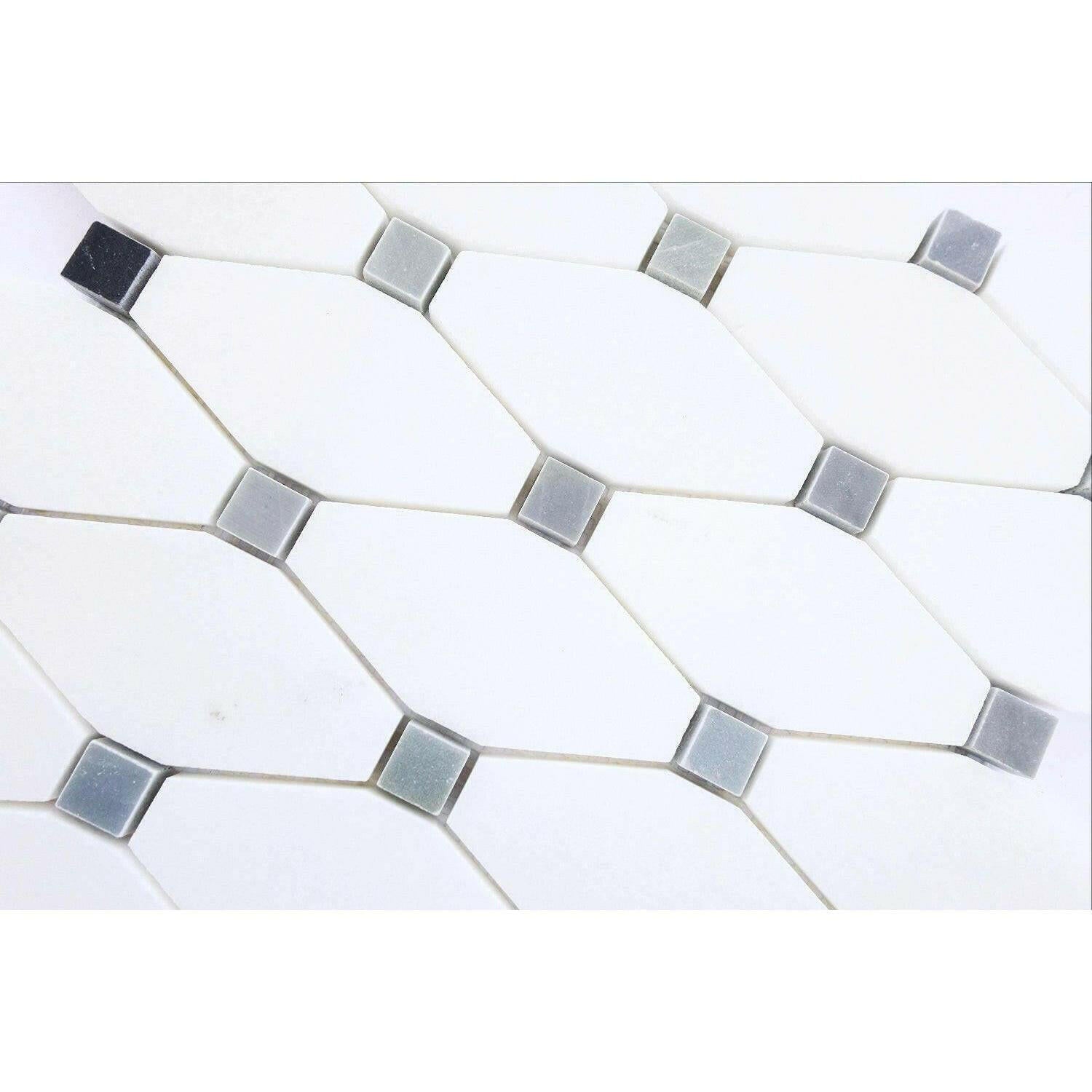 Thassos White Marble Polished Octave Pattern Mosaic Tile w/ Blue-Gray Dots