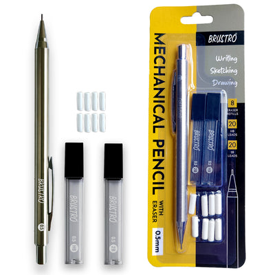 BRUSTRO Mechanical Pencil with Eraser 0.5mm Writing/Sketching/Drawing Spare  leads HB-20 units. 2B-20 units Spare eraser- 8 units, BrustroShop