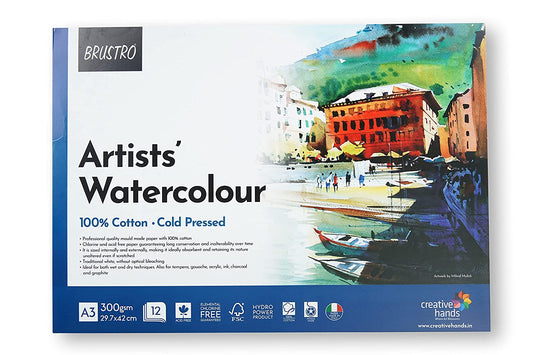 Brustro Artists Watercolour Paper 300 GSM A3-25% Cotton, Cold Pressed  (Contains 9+3 Sheet) : : Home & Kitchen