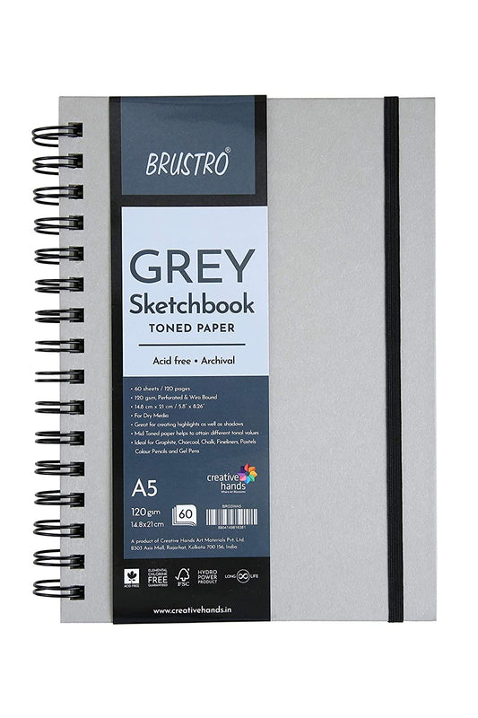 BRuSTRO Toned Paper - Grey Sketchbook, Wiro Bound, Size A4, 120GSM