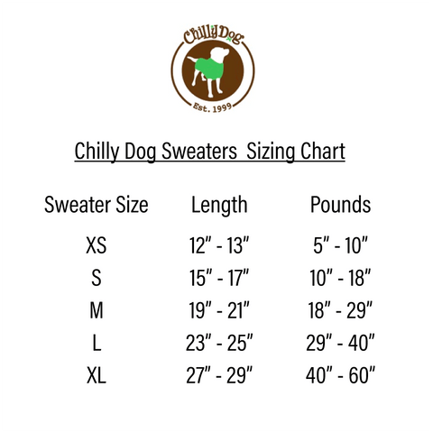 Sizing chart for Chilly Dog Sweater