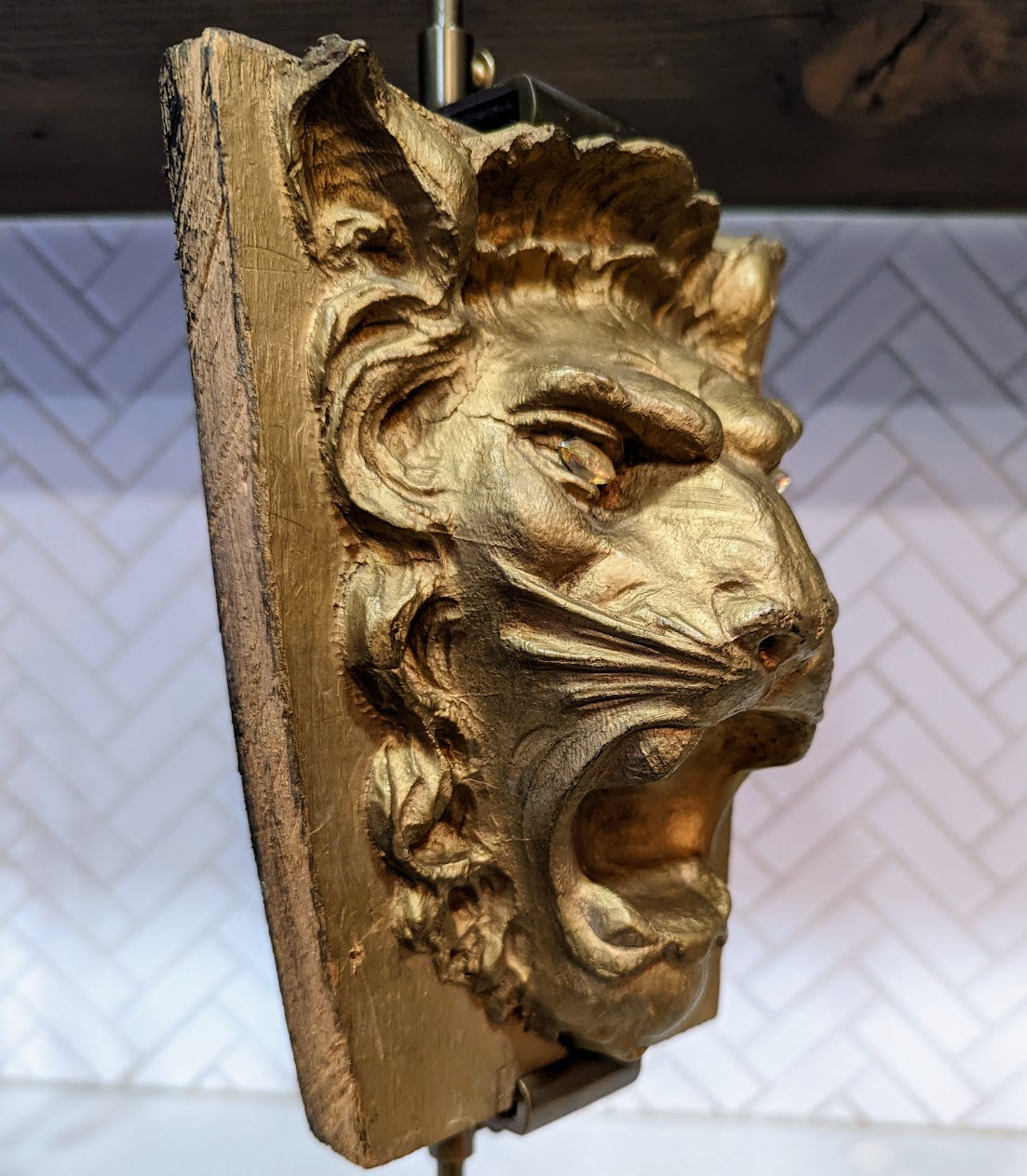 Antique Golden Lion Keystone Sculpture with Opal Eyes – Traveling Man Treasures