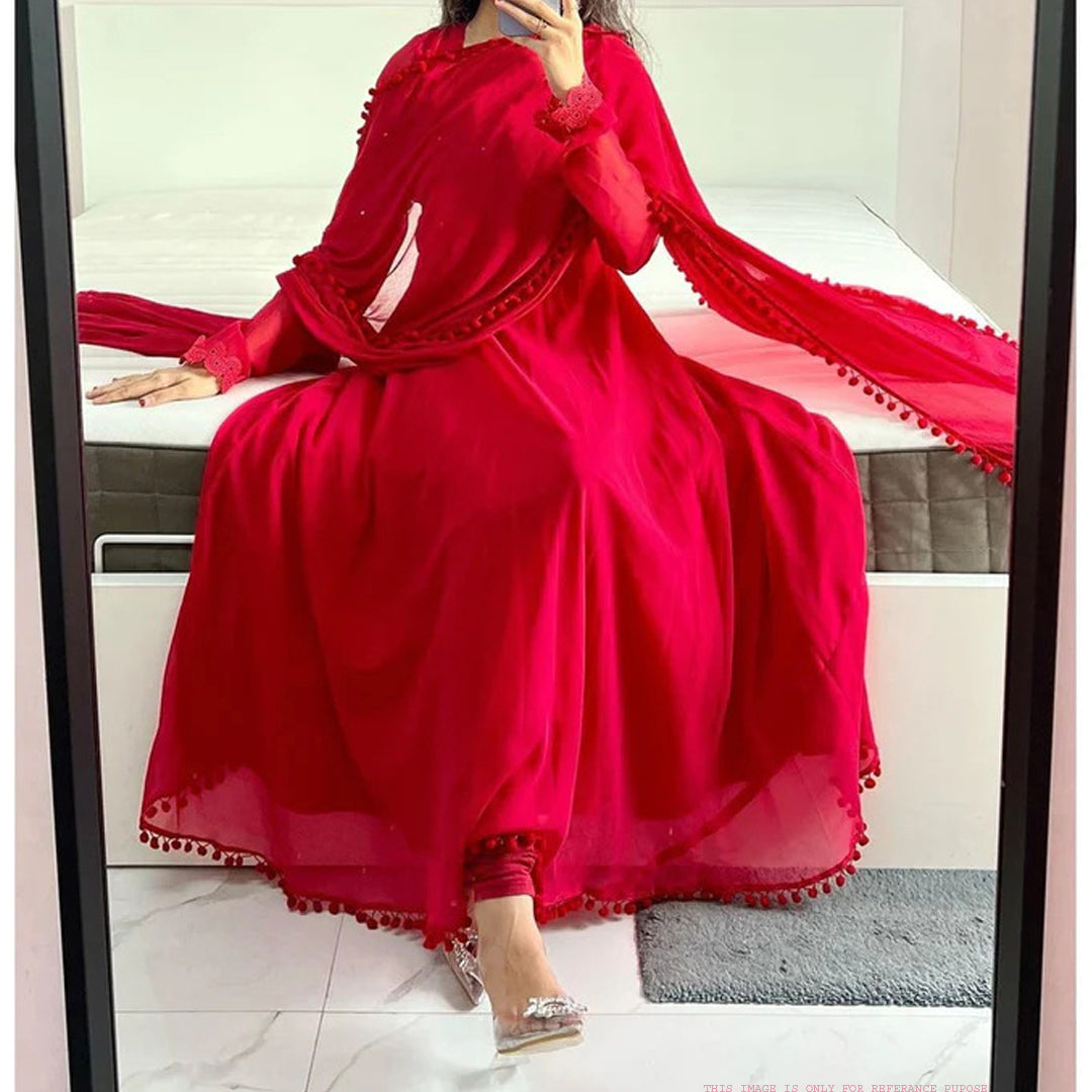 Red georgette plain long anarkali suit with heavy sequence work dupatta |  Simple pakistani dresses, Red colour dress, Anarkali dress pattern