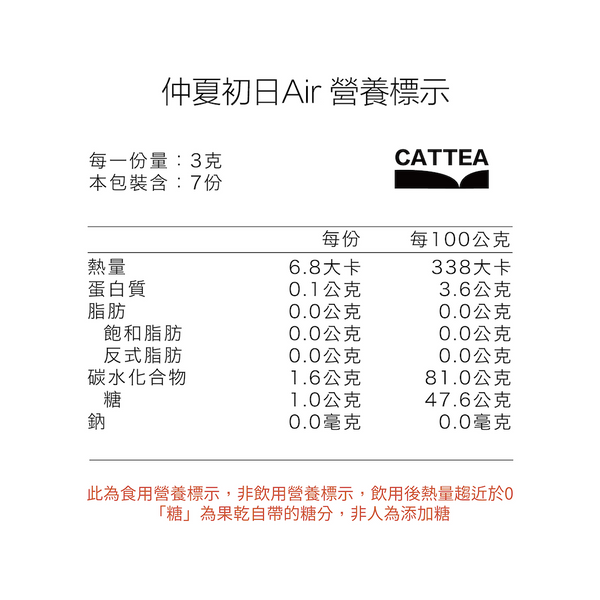 Cattea 仲夏初日Air 營養標示