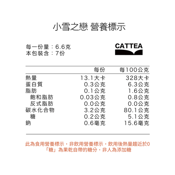 【小雪之戀 Love in Snow NO.3】清香柳丁紅茶 營養標示 - Cattea 台灣花果茶/水果茶系列 柳橙紅茶