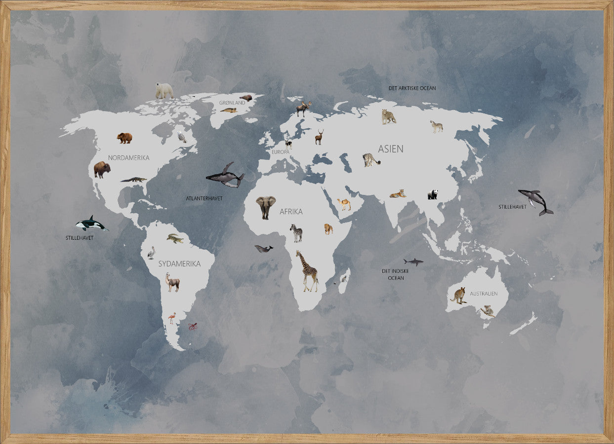 WORLD MAP BLUE – BØRNEPLAKAT – VERDENSKORT MED DYR – Børneplakater – Living Nature