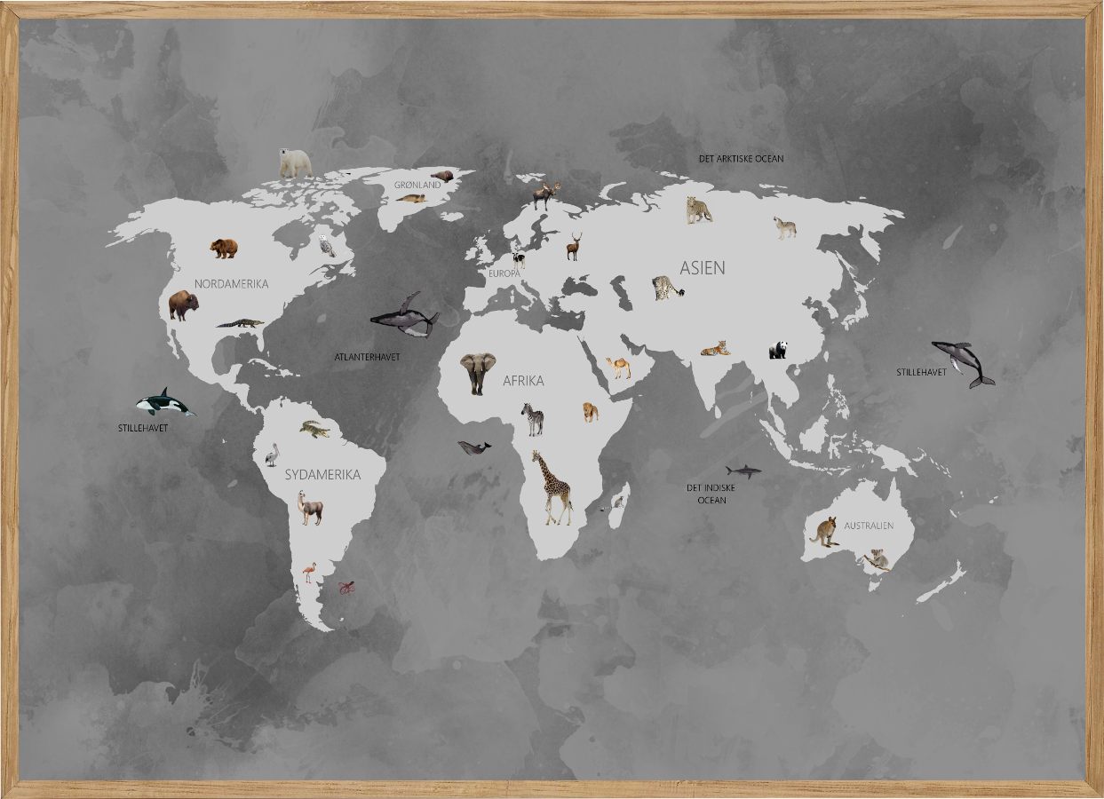 Se WORLD MAP GREY - BØRNEPLAKAT - VERDENSKORT MED DYR - Børneplakater - Living Nature hos Living Nature