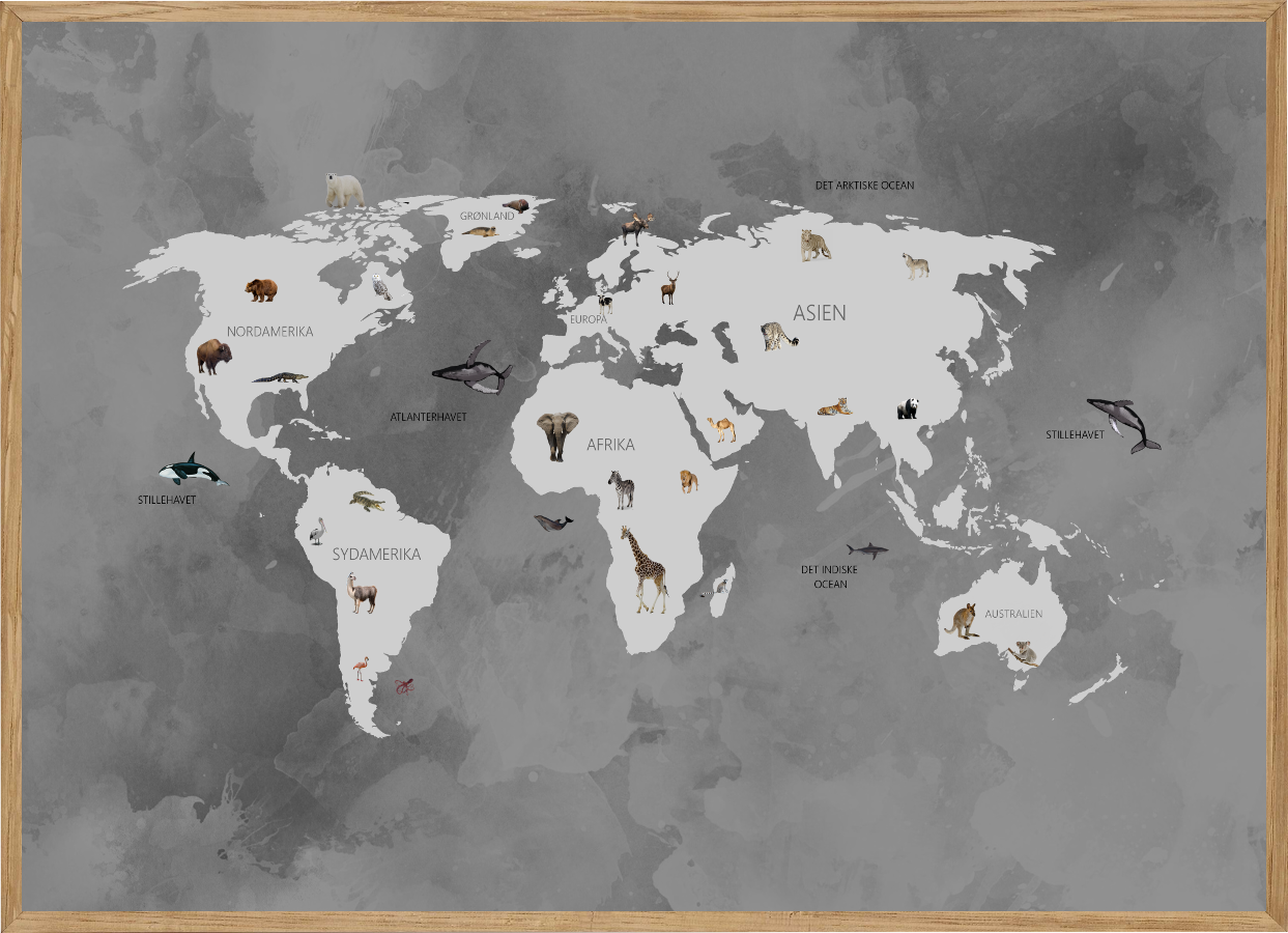 WORLD MAP GREY - BØRNEPLAKAT - VERDENSKORT MED DYR - Børneplakater - Living Nature