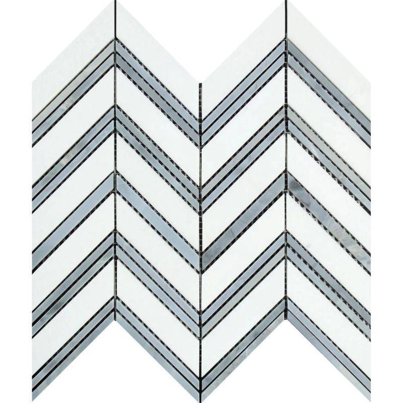 Thassos White Marble Chevron with Blue Strips Honed Mosaic Tile