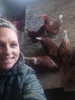 Manon Brault with laying hens