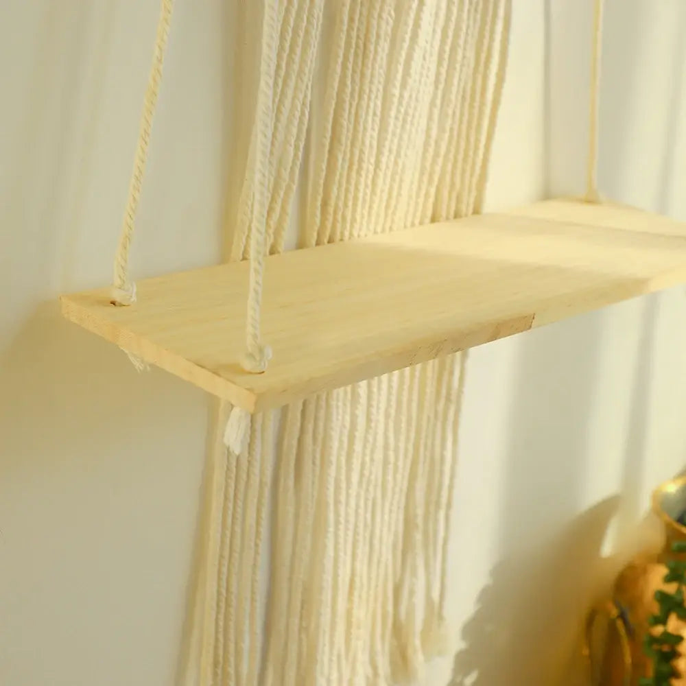Estante de pared de madera macramé estilo boho para decoración del hogar