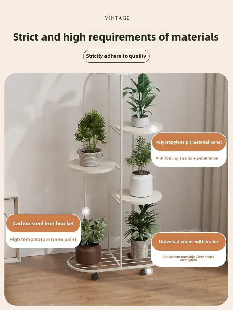 Soporte moderno de varios pisos para plantas, ideal para la decoración de interiores.