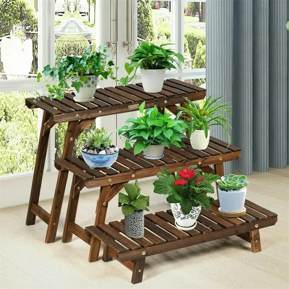 Soporte para plantas tipo escalera de madera de 3 niveles