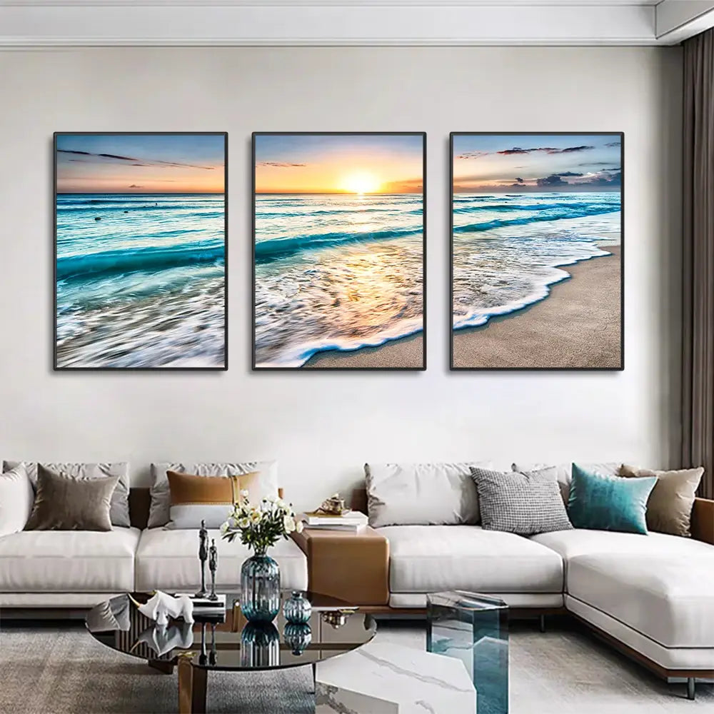 Modern Beach Sunset Canvas Wall Art Set