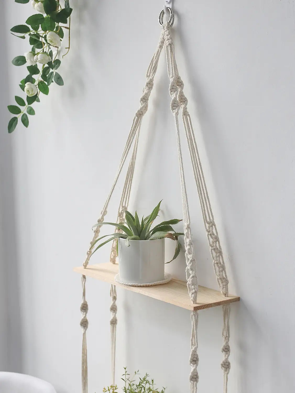 Estante de pared de macramé estilo boho para decoración del hogar