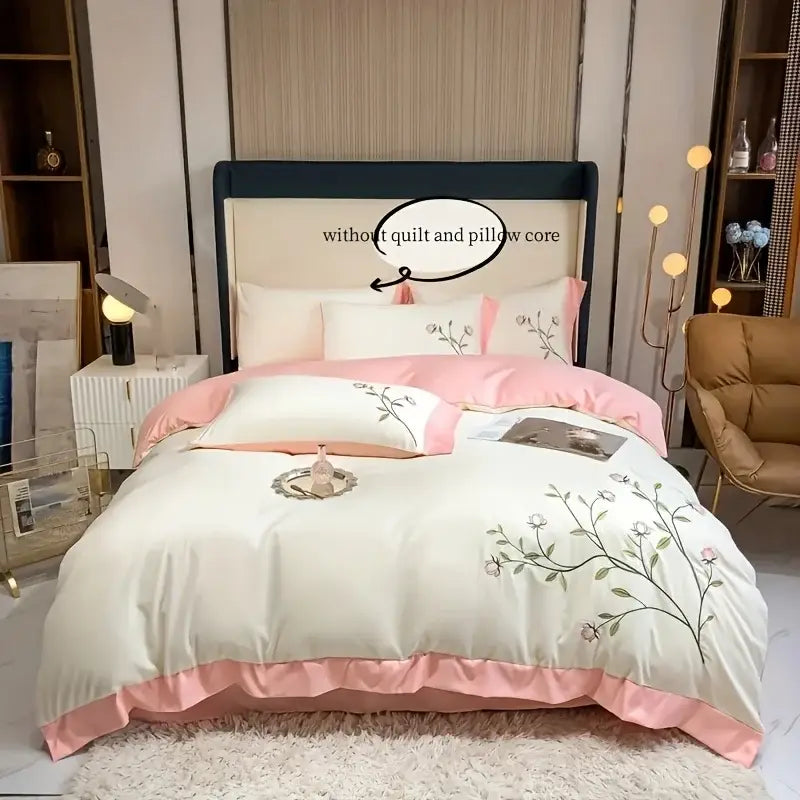 Elegante juego de funda nórdica bordada azul y rosa de 3 piezas