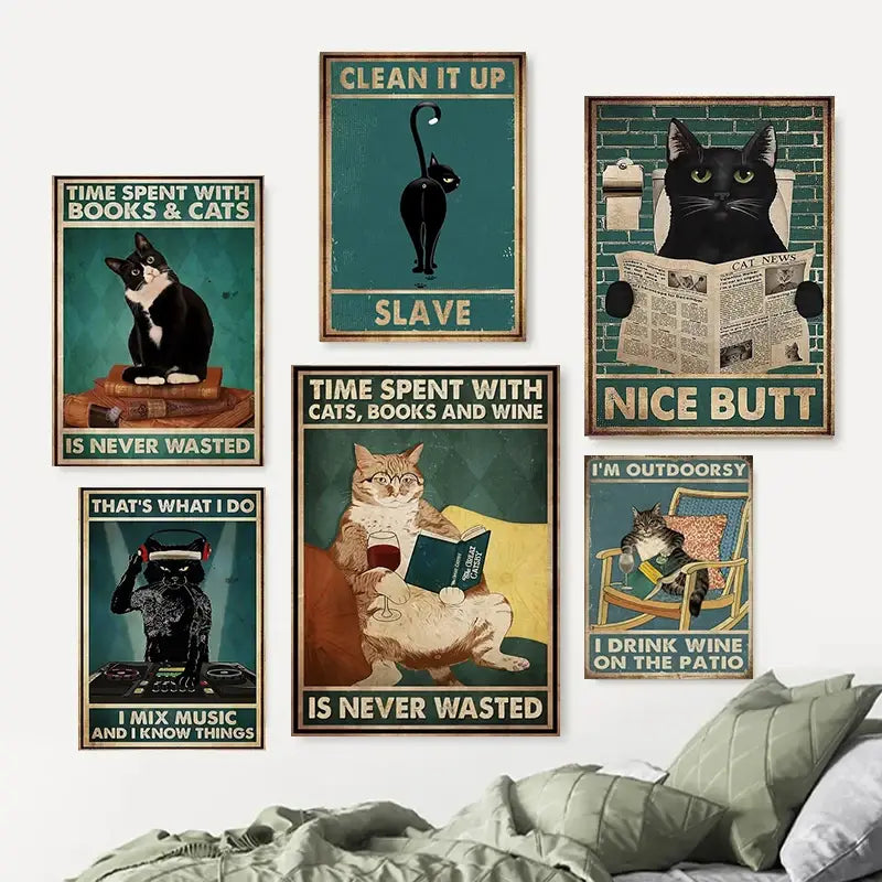 Black Cat Reading Music Poster for Home Decor