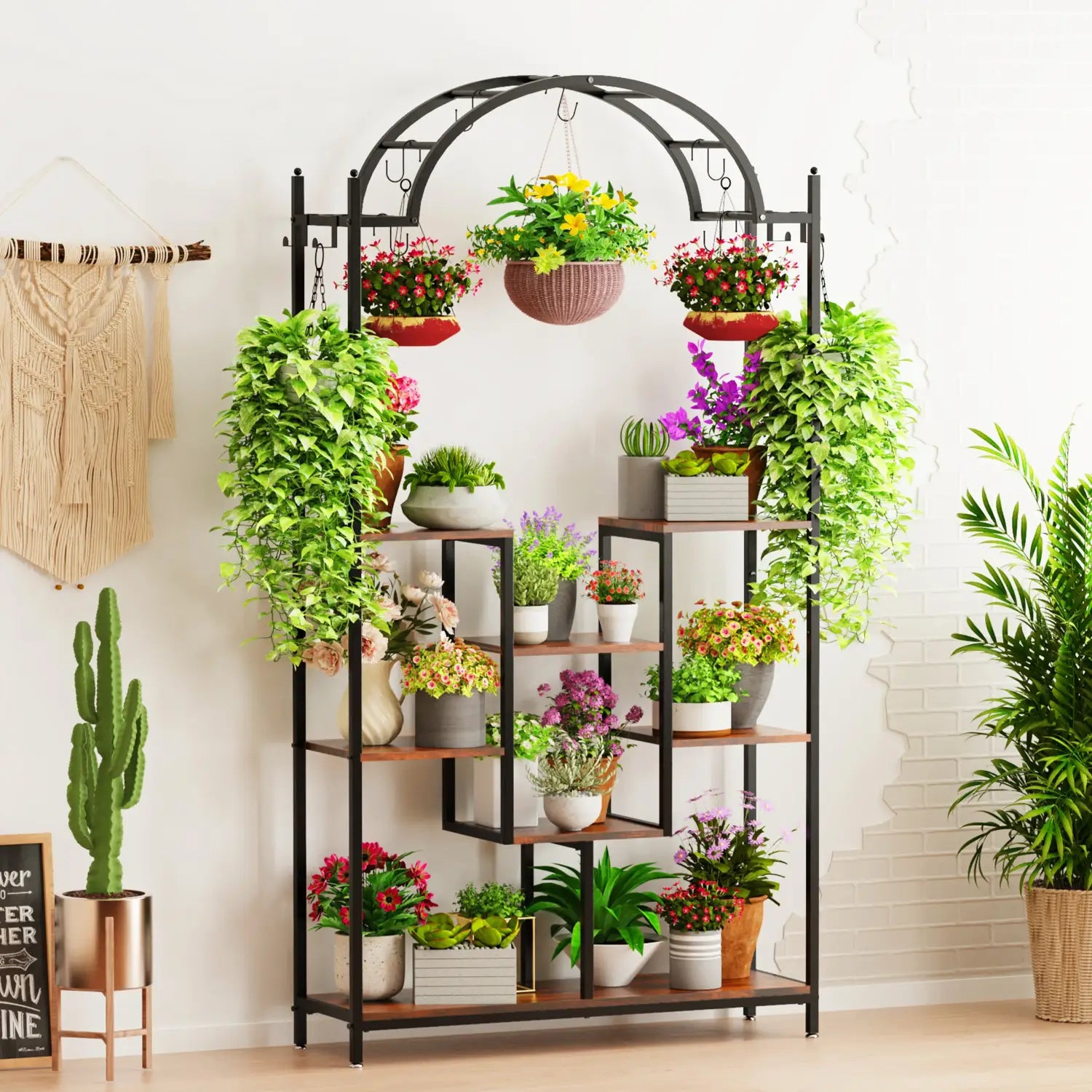 Soporte alto para plantas de 5 niveles con ganchos para colgar