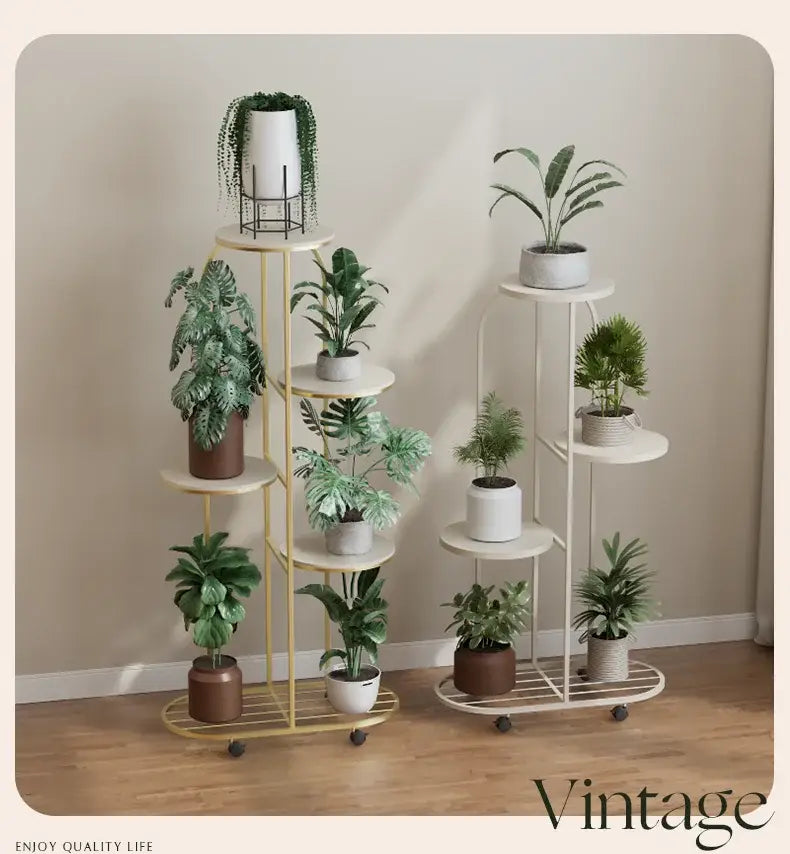 Soporte moderno de varios pisos para plantas, ideal para la decoración de interiores.