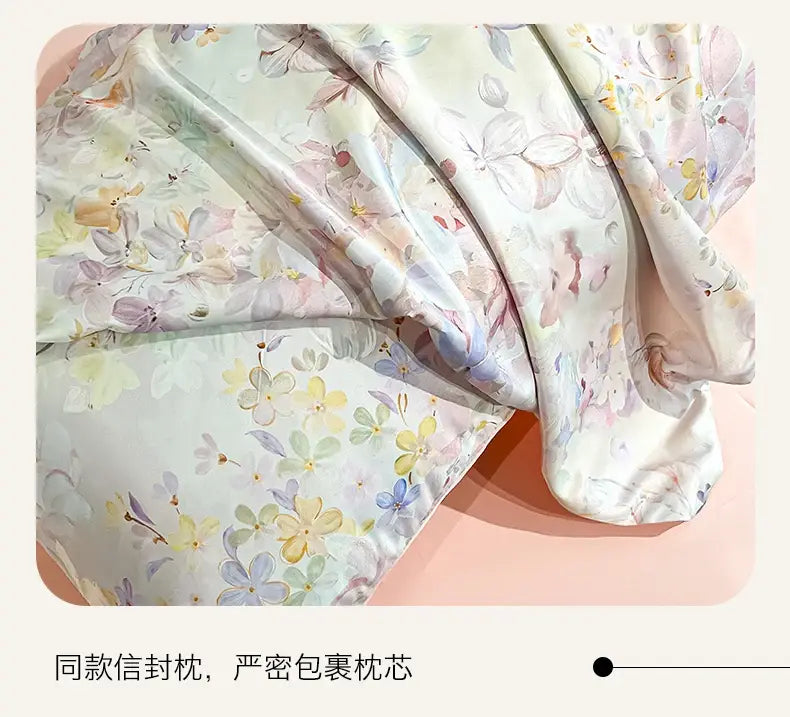 طقم غطاء لحاف من الحرير الساتان بنقشة زهور صيفية