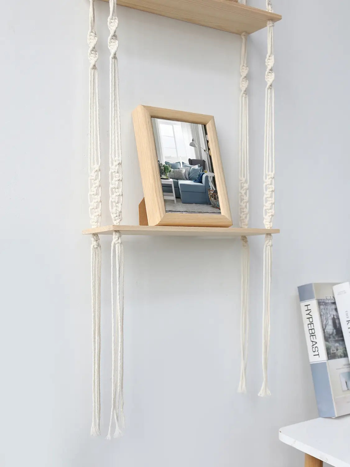 Estante de pared de macramé estilo boho para decoración del hogar