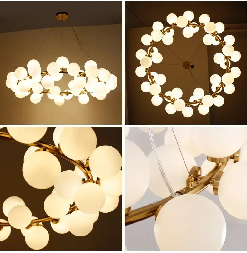 Contemporary Black and Gold Chandelier - White Glass Ball