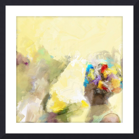 An abstract painting by Le Boulanger, bursting with a spectrum of colors centered around a subtle, human-like form. The background melds creamy pastel yellows and whites, suggesting a light source or spaciousness, while the figure is a whirlwind of red, blue, yellow, and green strokes, evoking a sense of vibrant life or transformation.