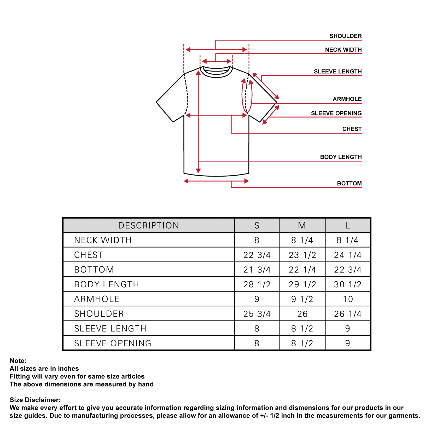 Size chart t-shirt 282-AW22E2751