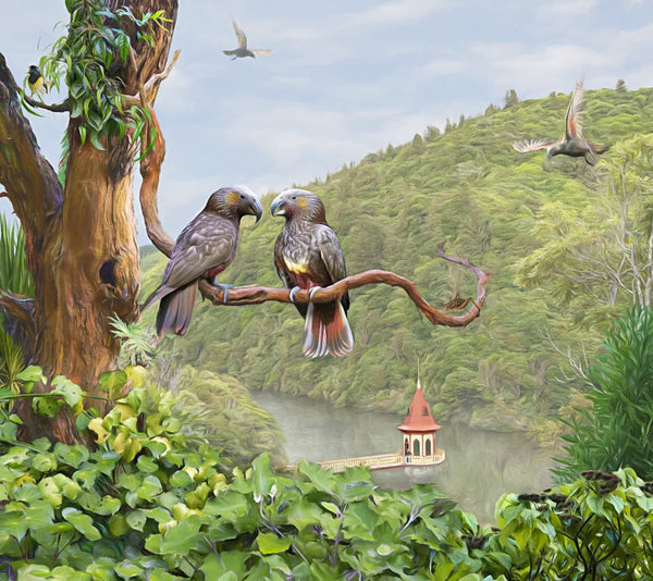 Photo-art of Zealandia valley with two kākā on a branch