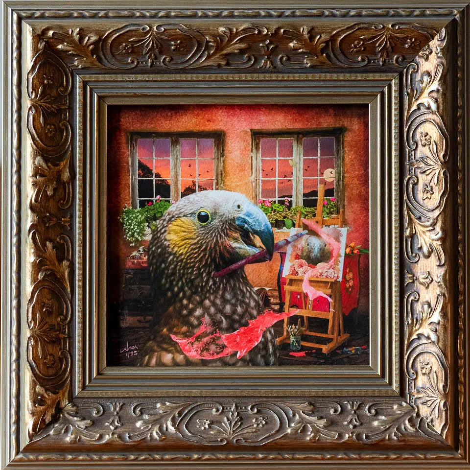 Kākā artwork in ornate frame