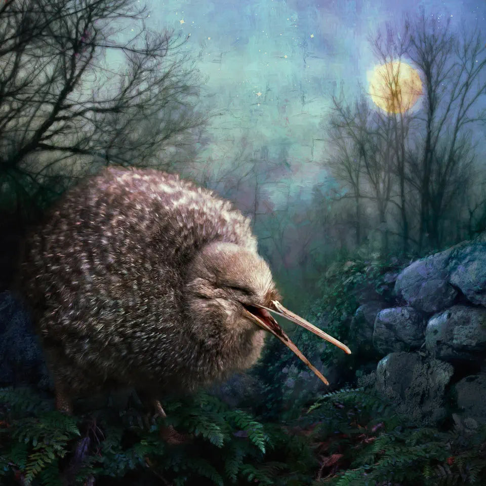 A little-spotted kiwi with beak open and eyes closed as if laughing at their own joke, out for a moonlit stroll in the woods