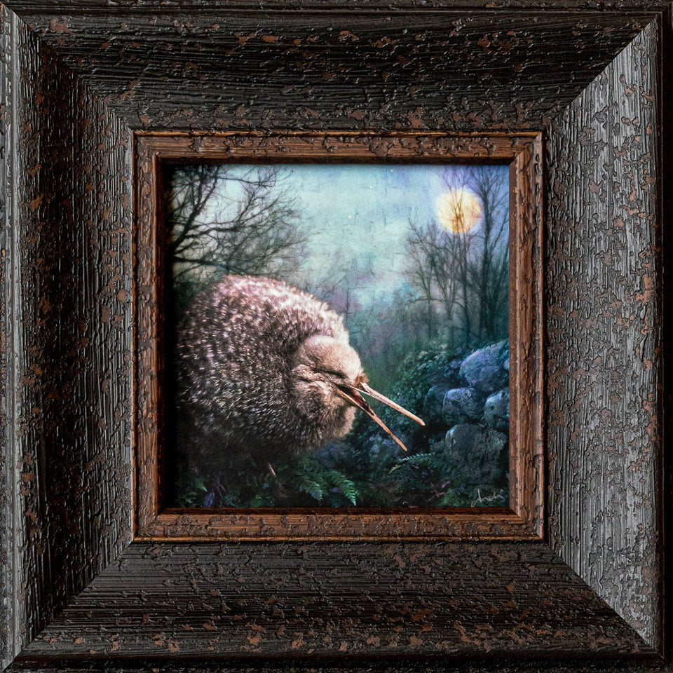 Kiwi artwork framed in rustic frame with antireflective glass